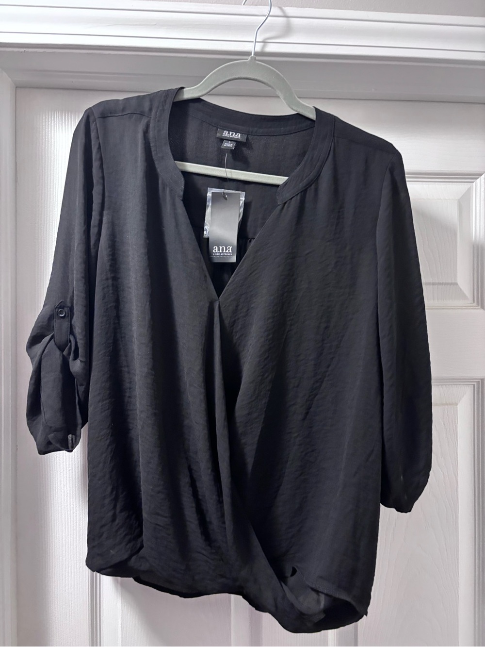 a.n.a Black Surplice V-Neck Roll-Tab Sleeve Blouse